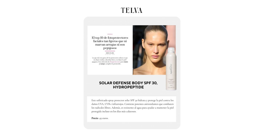 ¡Hydropeptide Solar Defense Body SPF 30 ha sido reconocido entre los top 10 de fotoprotectores faciales por la revista TELVA!